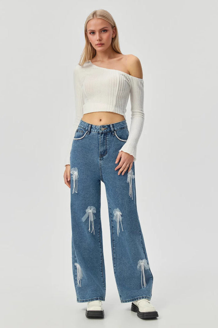 Women Wear Butterfly Decoration Loose Wide Leg Denim Trousers Women Jeans - ALZO