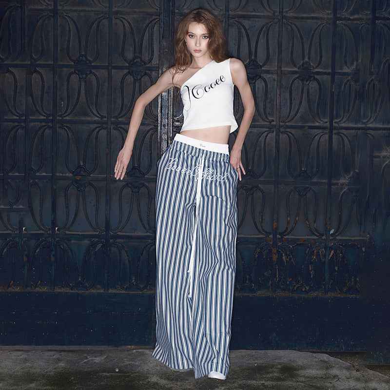 Street Oblique Shoulder Letter Graphic Print Personalized Short Top Sexy Contrast Color Loose Striped Casual Pants Two Piece Sets
