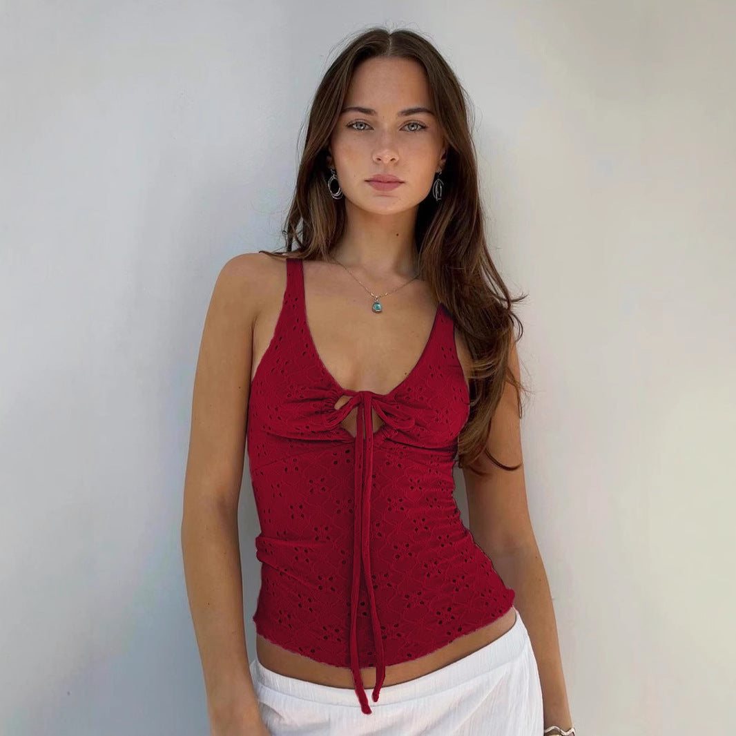 Sexy Little Fresh Hollow Out Cutout out Tied Texture Vest Spring Autumn Outer Wear Vacation V neck Strap - ALZO