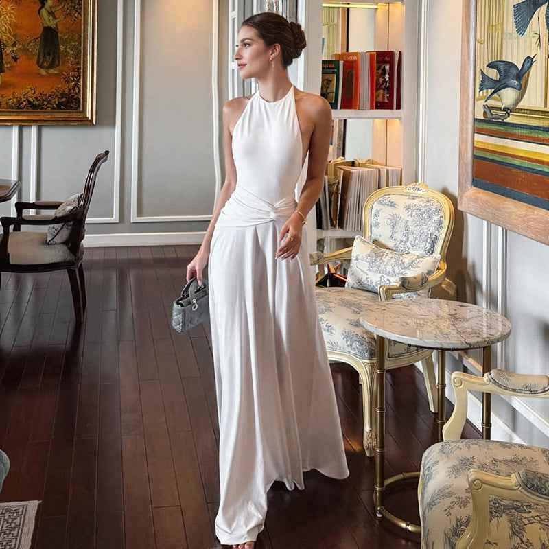 Women Clothing Solid Color Sleeveless Halter Backless Pleated A line Maxi Dress