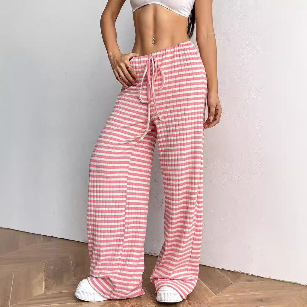 Autumn Winter Women Casual Striped Solid Color Rubber Band Drawstring Straight Leg Pants - ALZO