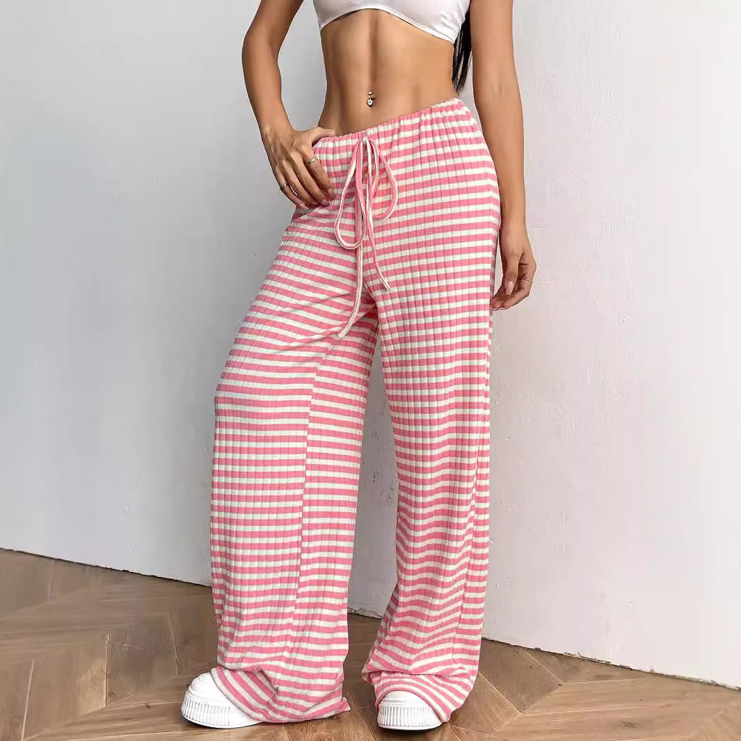 Autumn Winter Women Casual Striped Solid Color Rubber Band Drawstring Straight Leg Pants - ALZO