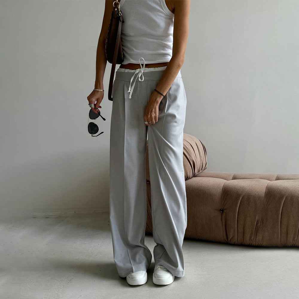 Loose Trousers Spring Faux Two Piece Lace up Design Trousers Office Work Pant Women