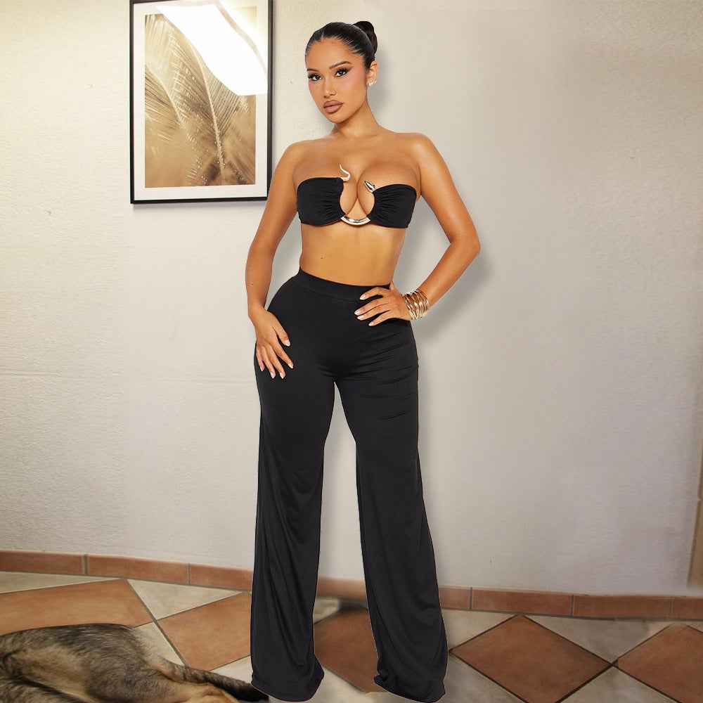Summer Chest Wrapped Metal Decorative Snake Shaped Cropped Exposed Trendy Pants Suit