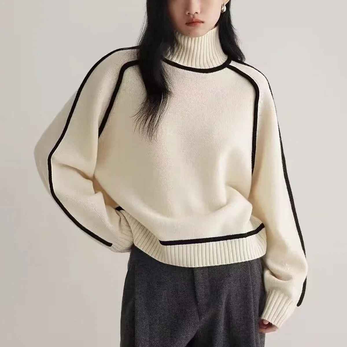 Women Sweater Half Turtleneck with Shoulder Sleeve Top Elegant Line Thread Bottoming Sweater for Women
