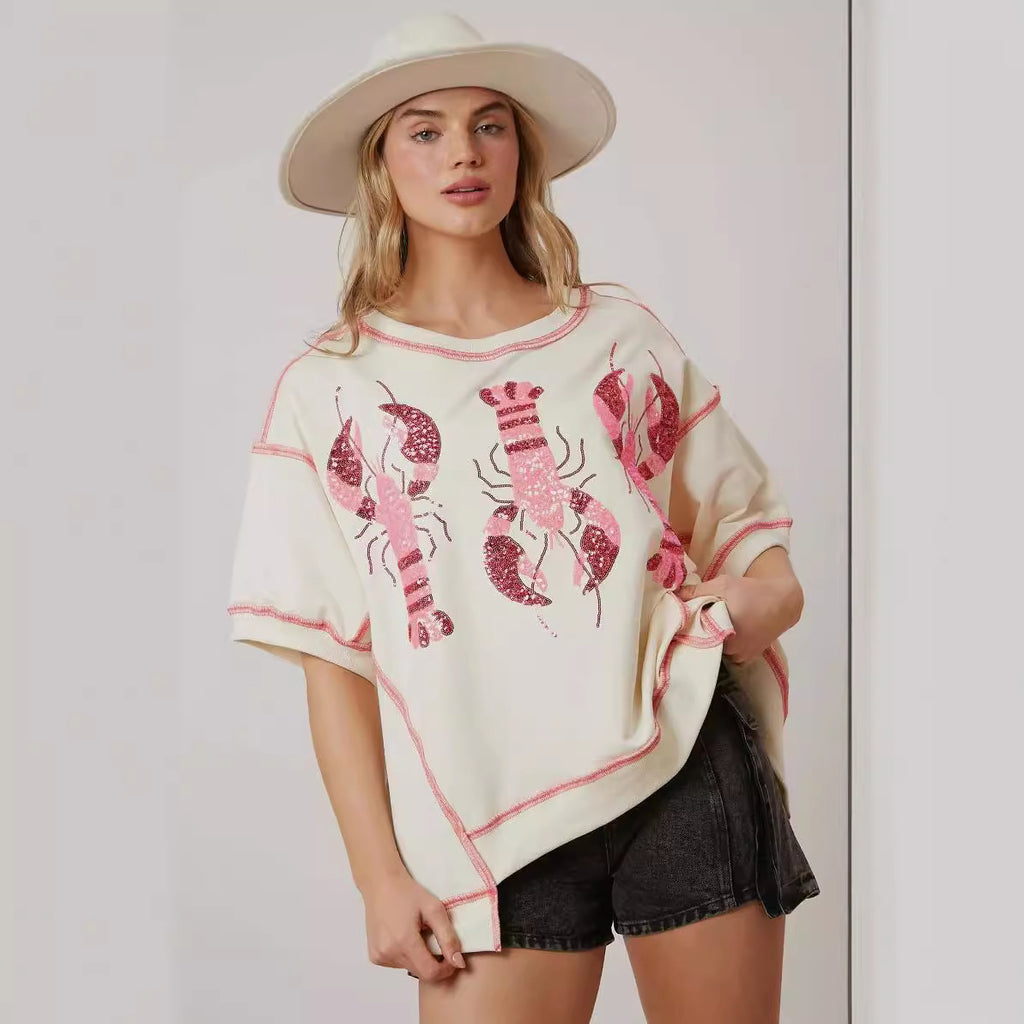 Summer Women Clothing Loose Casual Top Lobster Sequined T shirt Short Sleeve Women - ALZO