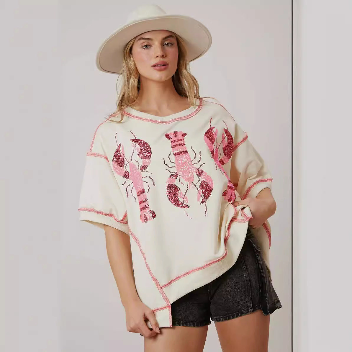 Summer Women Clothing Loose Casual Top Lobster Sequined T shirt Short Sleeve Women - ALZO