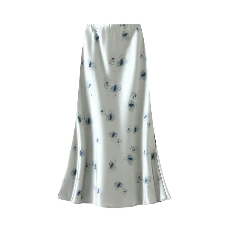 High Grade Satin Skirt Women Summer Printed Fishtail Skirt Slim Fit Mid Length Dress - ALZO