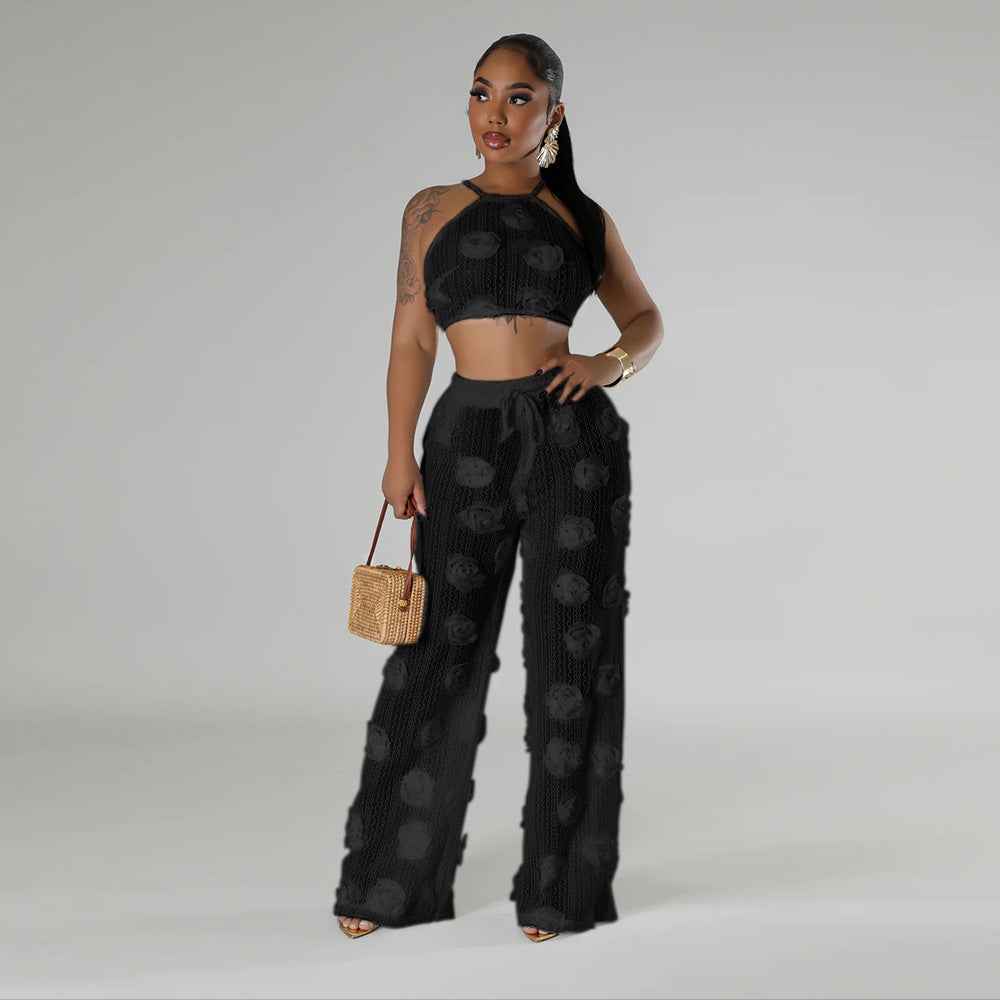 Knotted Short Top with Loose Slim Trousers Solid Color See through Two Piece Set for Women