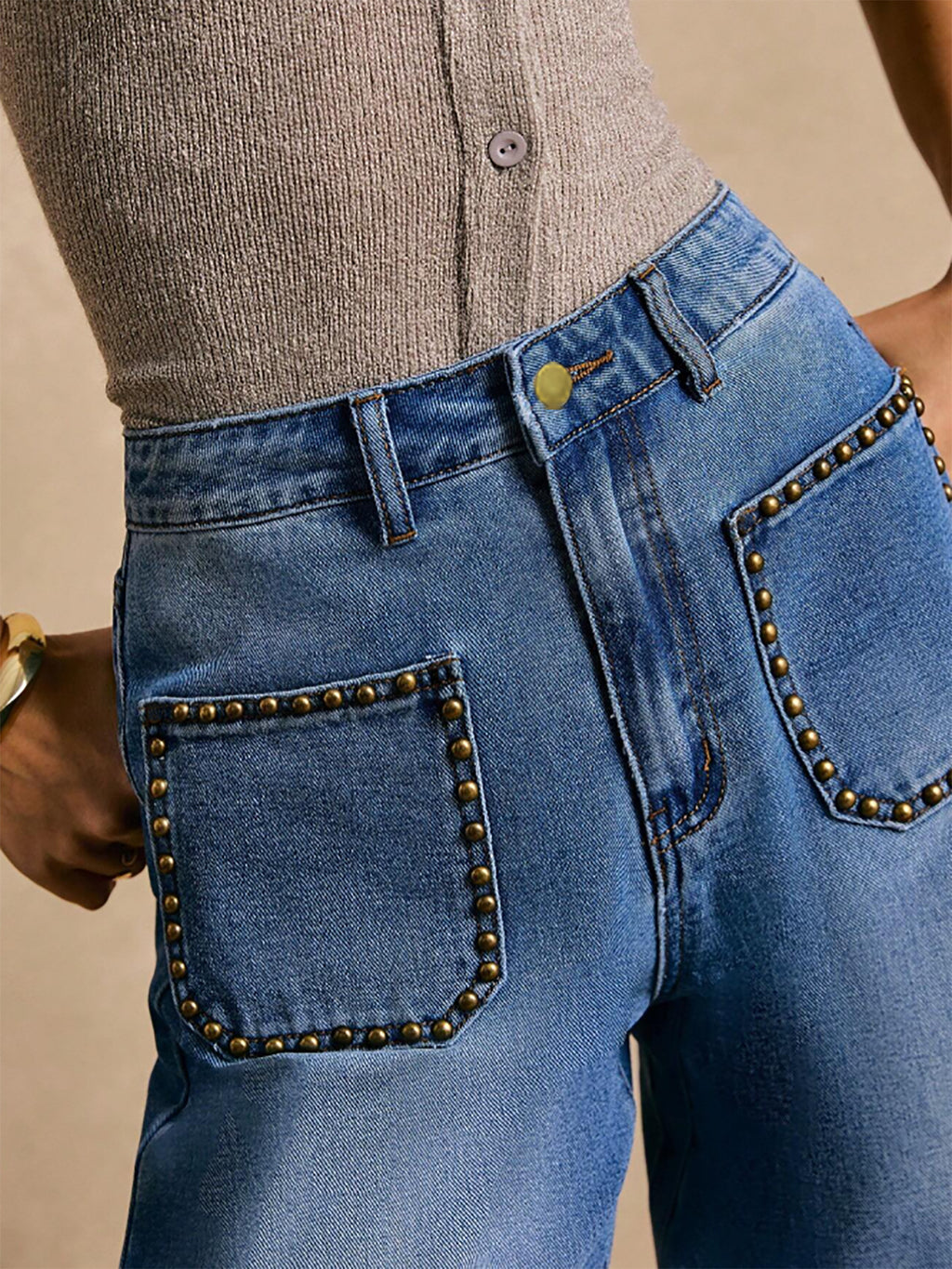Rivet Inlaid Pocket Wide Foot Mouth Washed Denim Slim Straight Trousers - ALZO