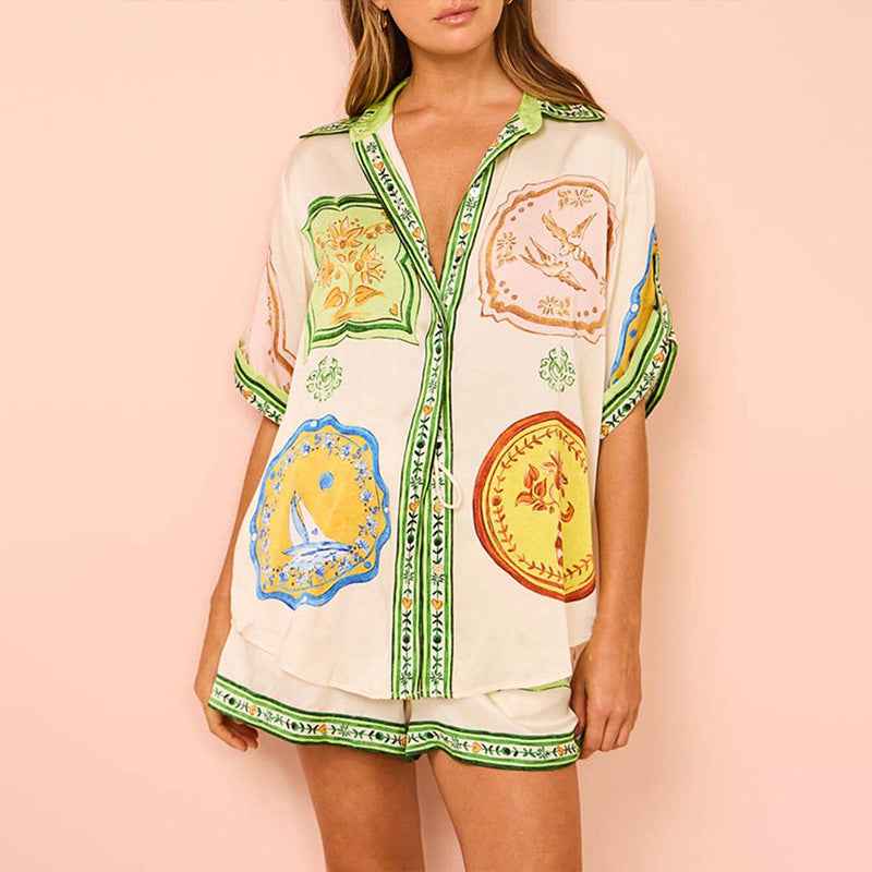 Women Clothing Casual Printed Shirt Elastic Waist with Pocket Button Shorts Set