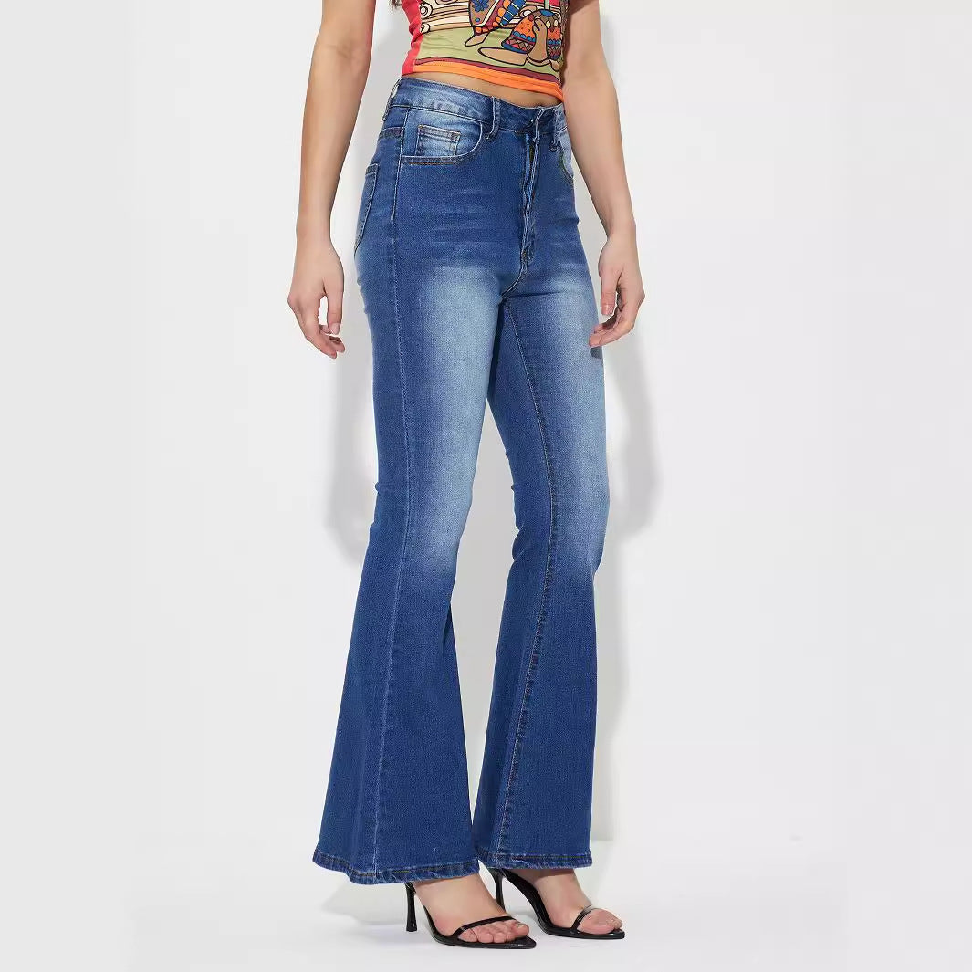 Women Clothing Casual All Match Horn High Elastic Denim Trousers - ALZO