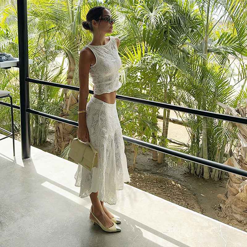 Summer Casual Sexy Two Piece Suit O Neck Short Vest Skirt