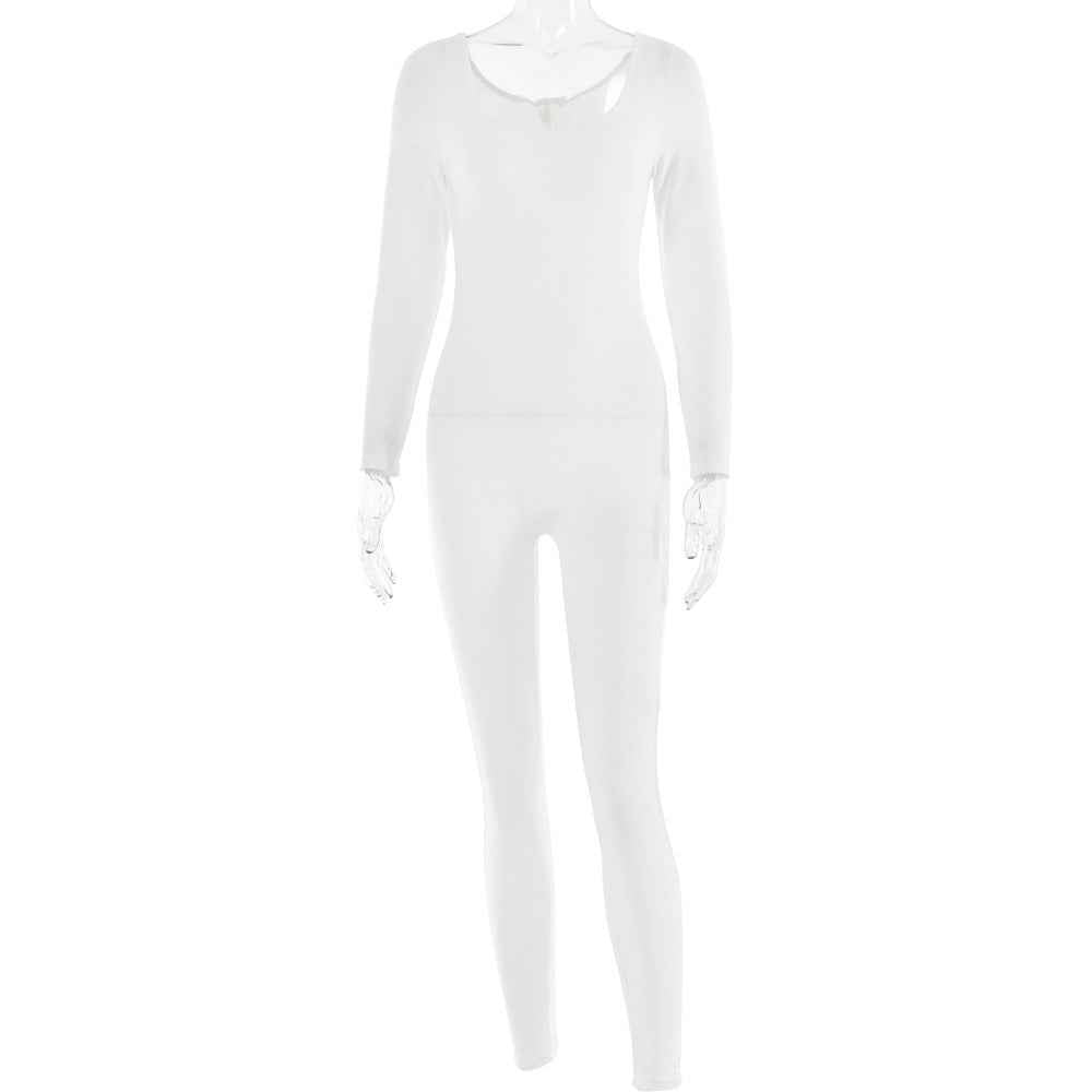 Sexy Soft High Elastic Long Sleeve Tights U Collar Stitching Trousers Jumpsuit