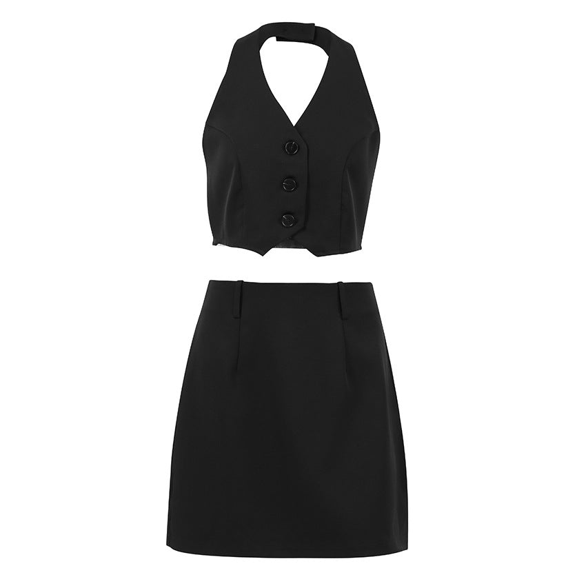 Spring Summer Black Sexy Halter Sleeveless Waistcoat Vest Two Piece Set for Women - ALZO