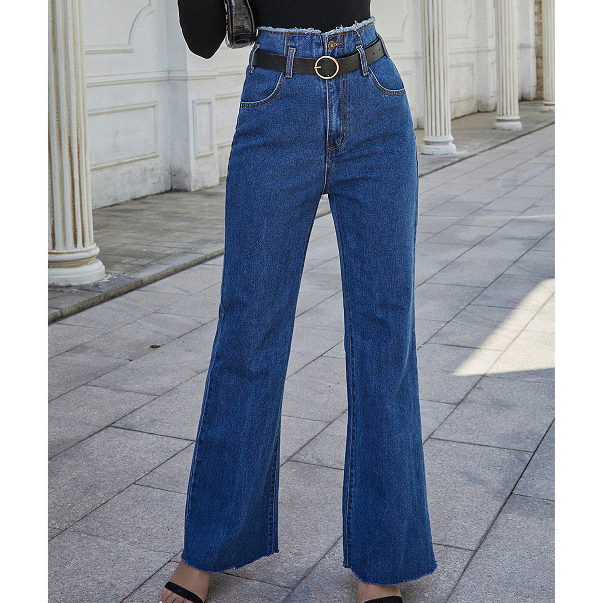 Women Clothing Trendy High Waist Slimming All Matching Stretch Flared Denim Trousers - ALZO