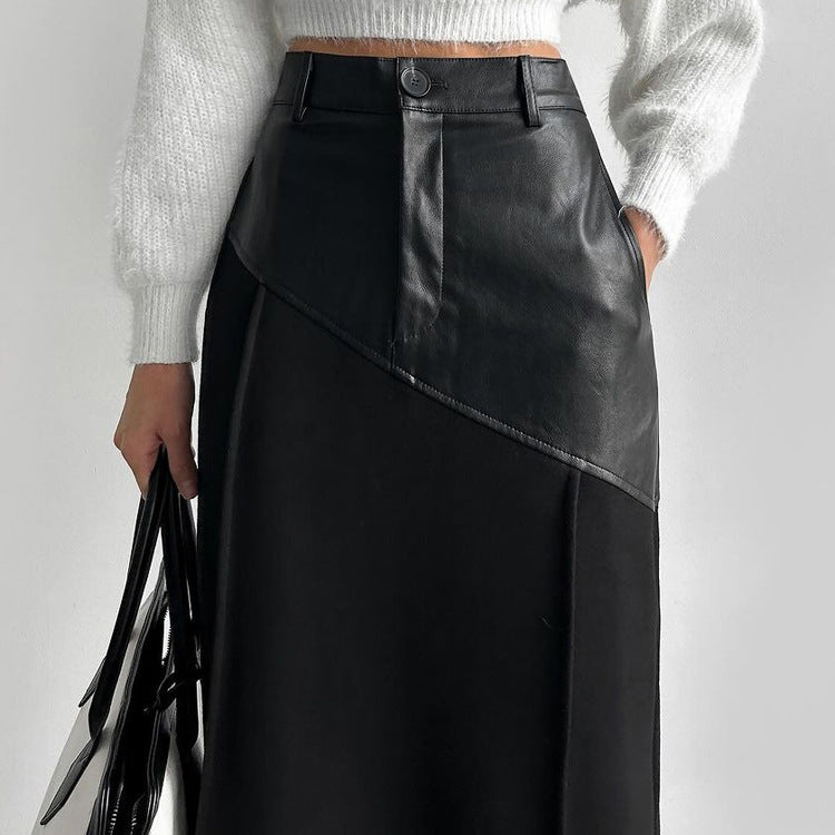 Women Clothing Retro Faux Leather Stitching Design Half Length Skirt Women Wild High Waist Slit Hip Skirt - ALZO