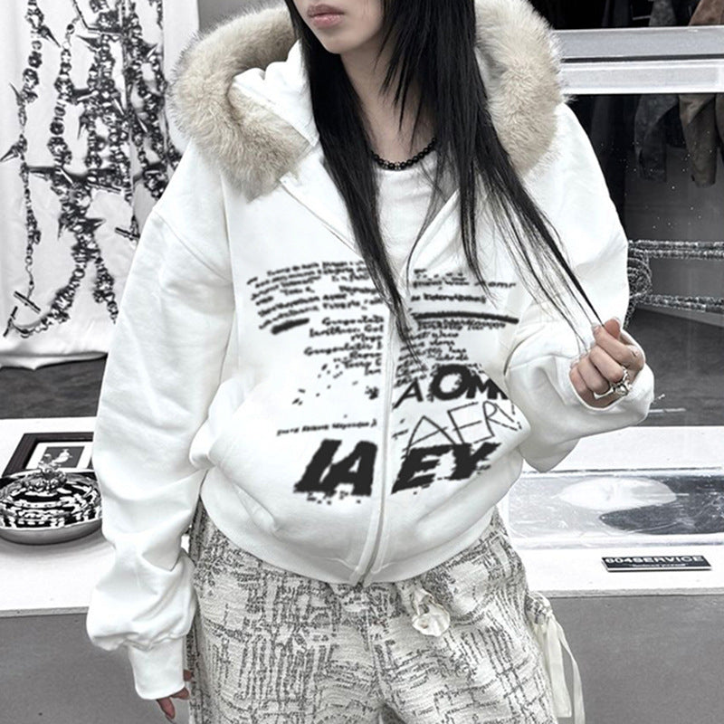 Retro Simple Letter Graphic Print Furry Stitching Hooded Cardigan Top Autumn Winter Thermal Velvet Sweatshirt Coat - ALZO