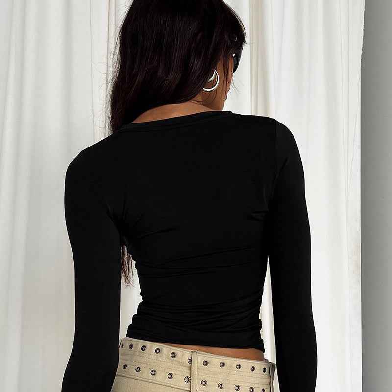 Women Clothing Spring Solid Color round Neck Long Sleeve Basic Top