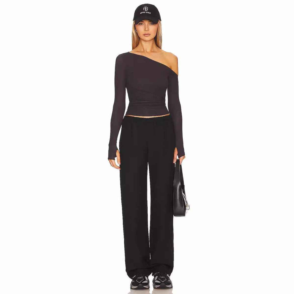 Slant Shoulder T shirt Shein Popular Slim Slimming Thumb Hole Long Sleeve Top Fall Women Clothing