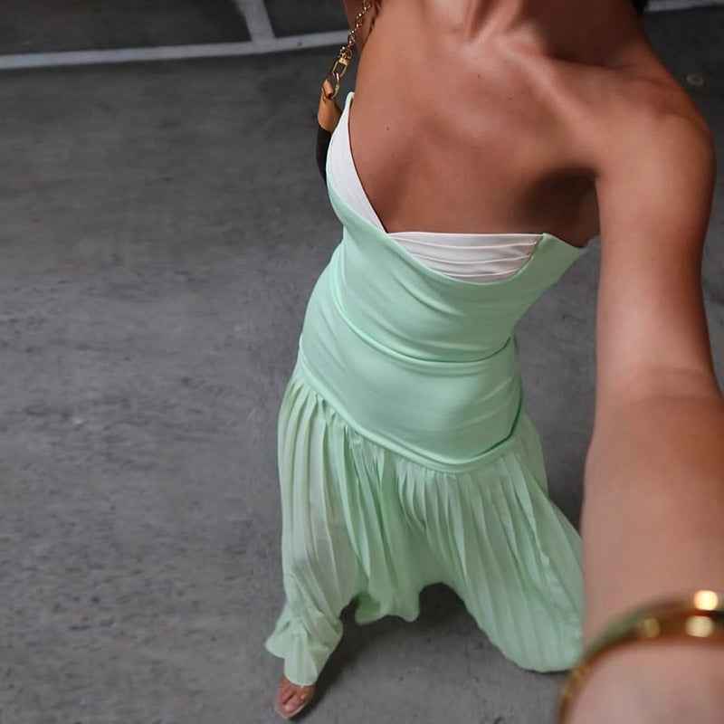 Spring Women Clothing Color Contrast Sexy Slim Fit Backless Pleated Waist Tube Top Dress Women