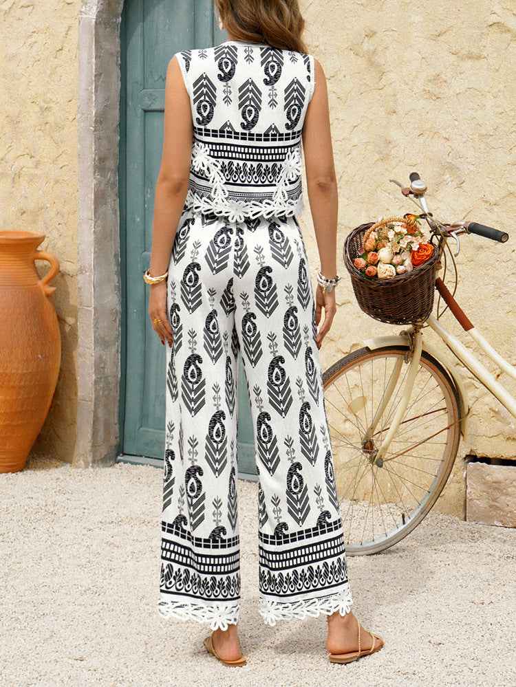 Spring Summer Casual Vacation Bohemian Print Contrast Color Waistcoat Top Long Pants Set Women Clothing