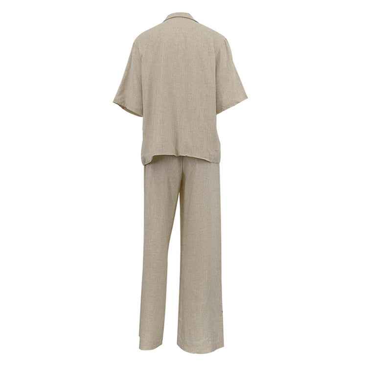 Spring Summer Linen Office Women Collared Half Sleeve Cardigan Top Loose Wide Leg Pants Two Piece Set