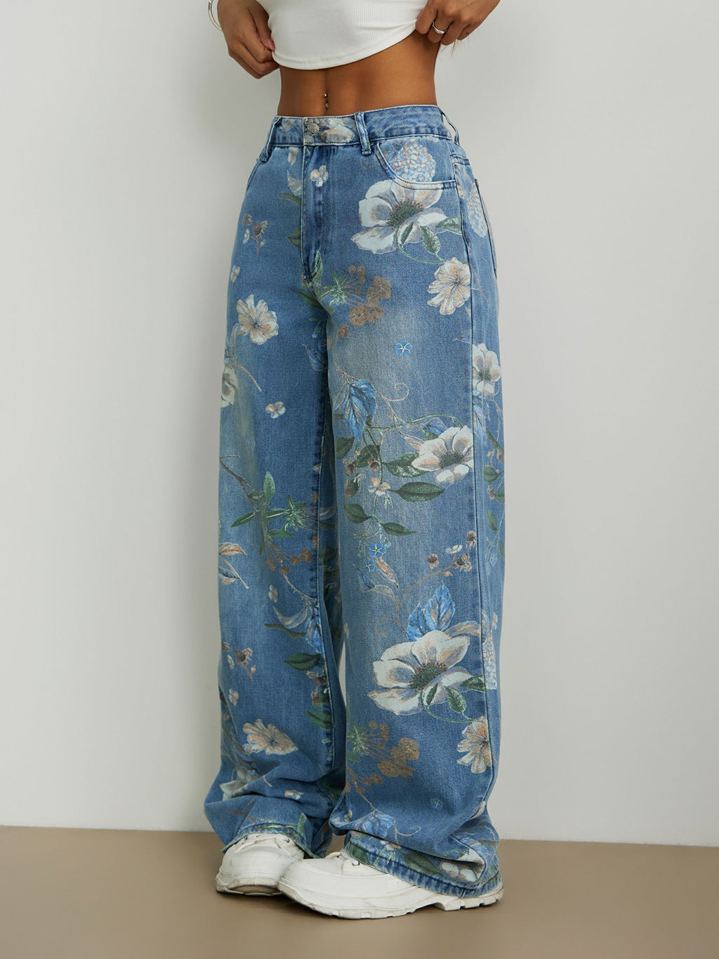 Street Trends Loose Straight Wide Leg Pants Printed Denim Trousers - ALZO