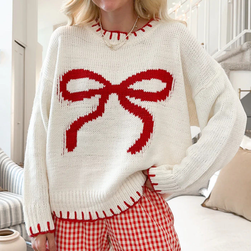 Lazy Wind Pullover Knitted Top Bow Jacquard Loose Fitting Outerwear Sweater Women - ALZO