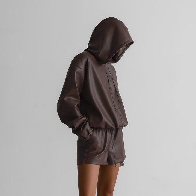 Spring Hooded Leather Sweater Women Shorts Suit Street Trend Women Clothing Two Piece Set - ALZO