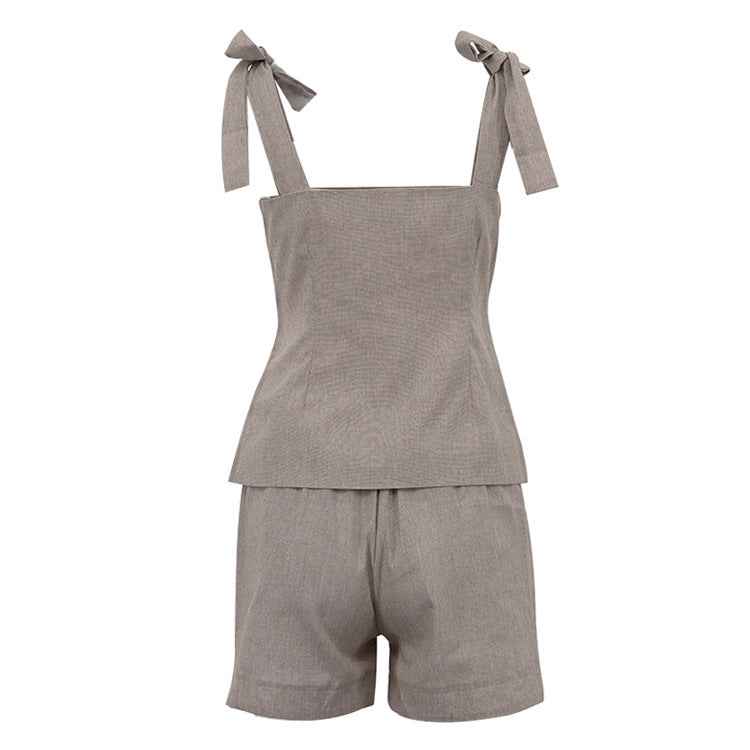 Cotton Bow Suspenders Vest Loose Shorts Two Piece Sets Cardigan Tube Top Women