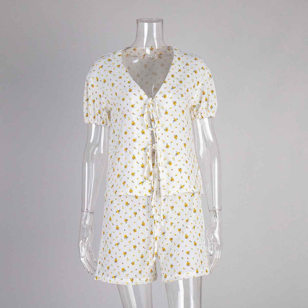 Cotton Print Short Sleeve Shorts Set Summer Lace up Puff Sleeve Loose Shorts Sets