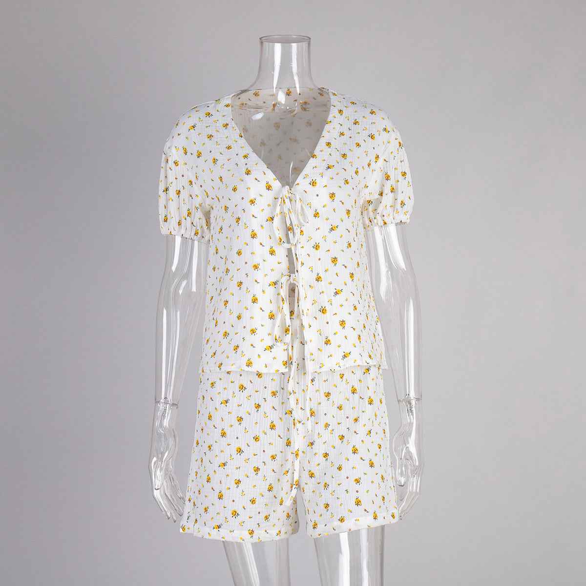Cotton Print Short Sleeve Shorts Set Summer Lace up Puff Sleeve Loose Shorts Sets