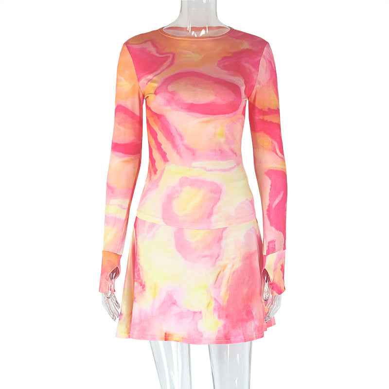 Micro Transparent High Collar Skirt Set Printed Loose Waist Wrap Two Piece Set Fresh Trendy Women Clothing