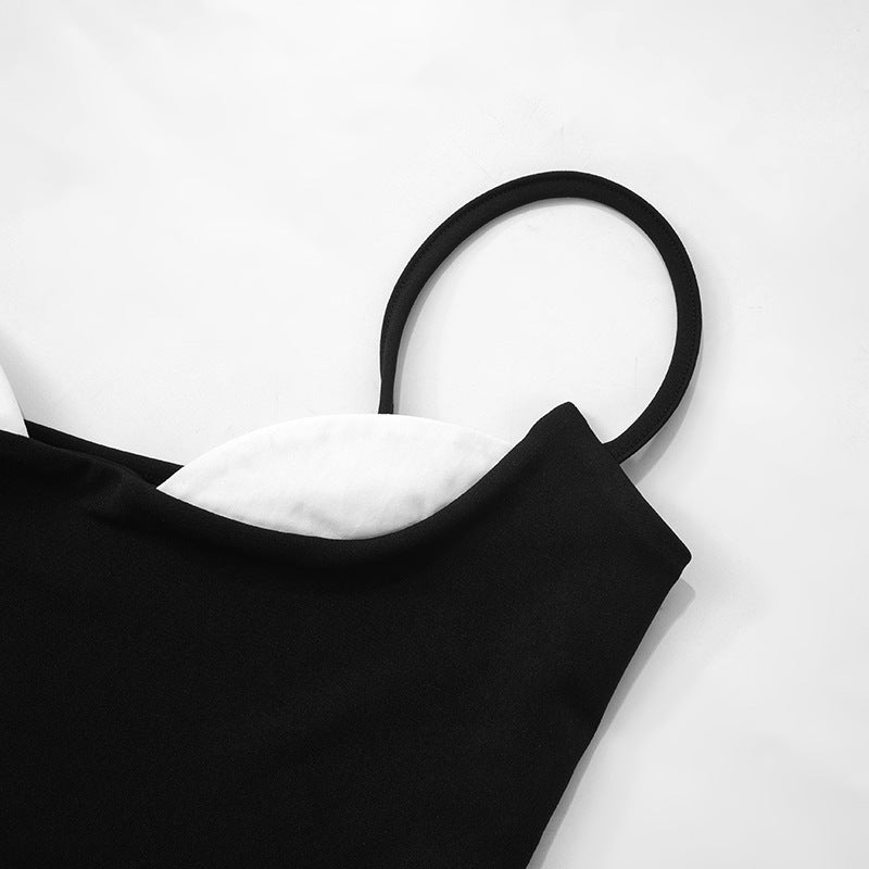 Summer Women Clothing Black White Contrast Color Low Cut Sexy Sling Slim Top - ALZO