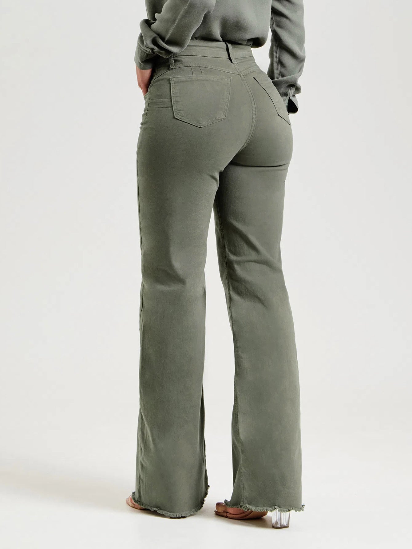 Slim Fit Stretch Solid Color Frayed Flared Pants Women Jeans - ALZO
