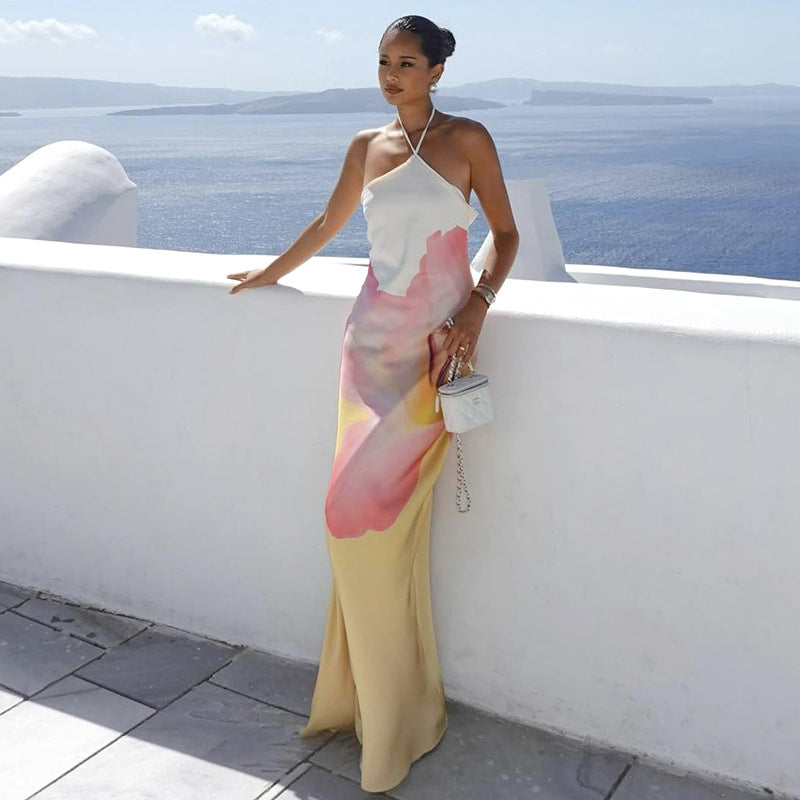 Women Clothing Halter Bare Back A line Loose Printed Dress - ALZO