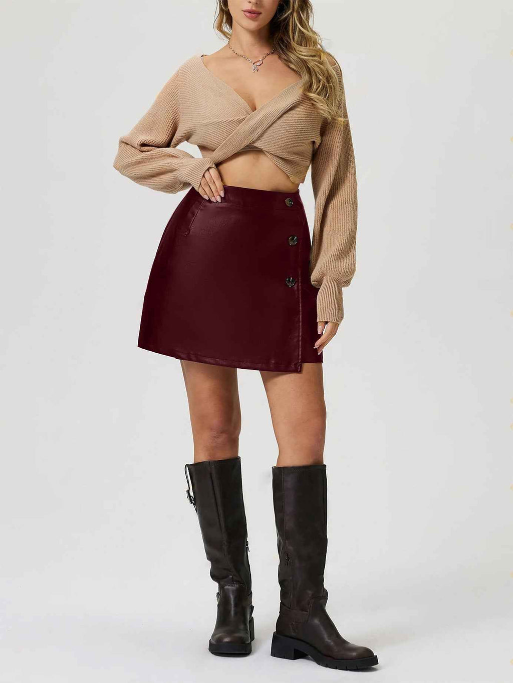 Women Clothing All Match Sexy Sheath Button Faux Leather Half Length