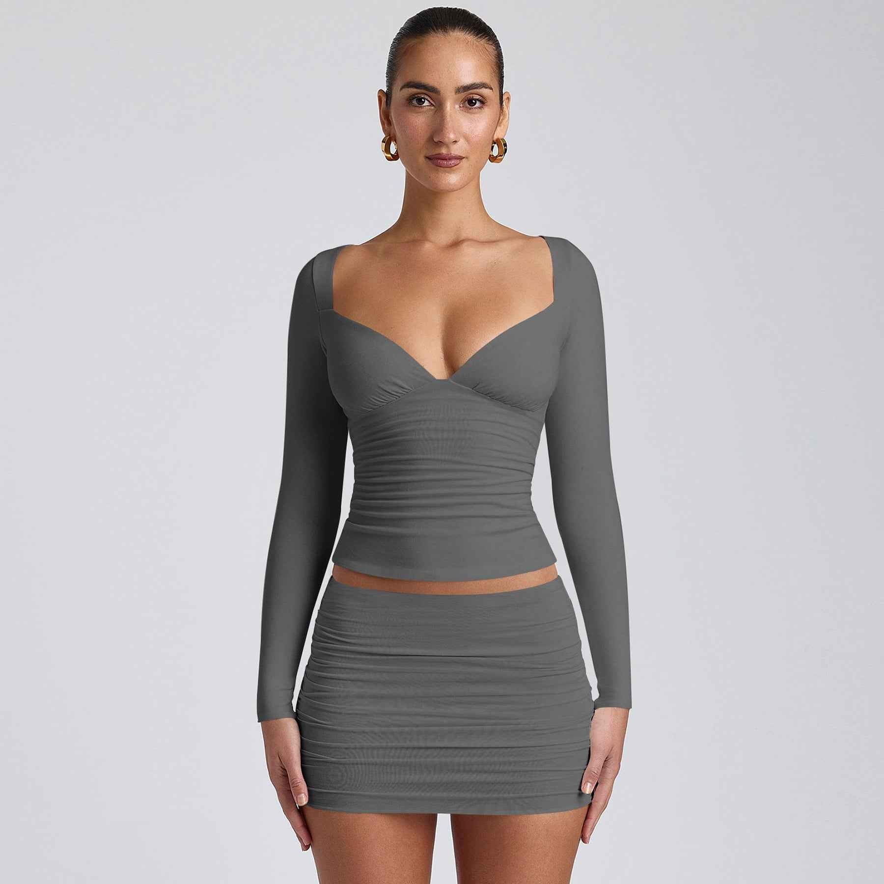 Summer Women Diamond Collar Long Sleeved T shirt Lightly Mature Slim Fit Sexy Top