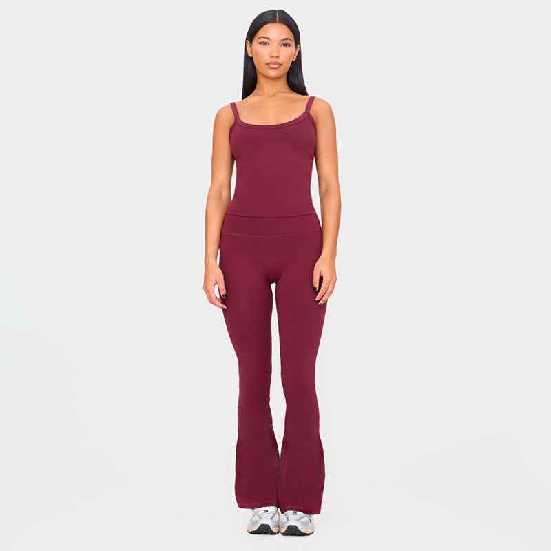 Women Clothing Spring Summer Solid Color Sling Backless Sports High Waist Tight Bell Bottom Pants Set