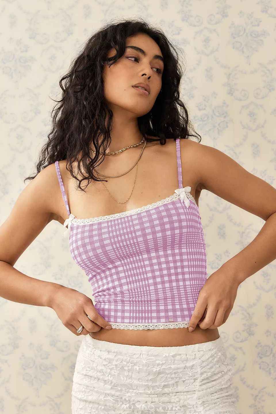 Summer Women Clothing Plaid Lace Sling Slim Fit Tank Top Sweet Spicy