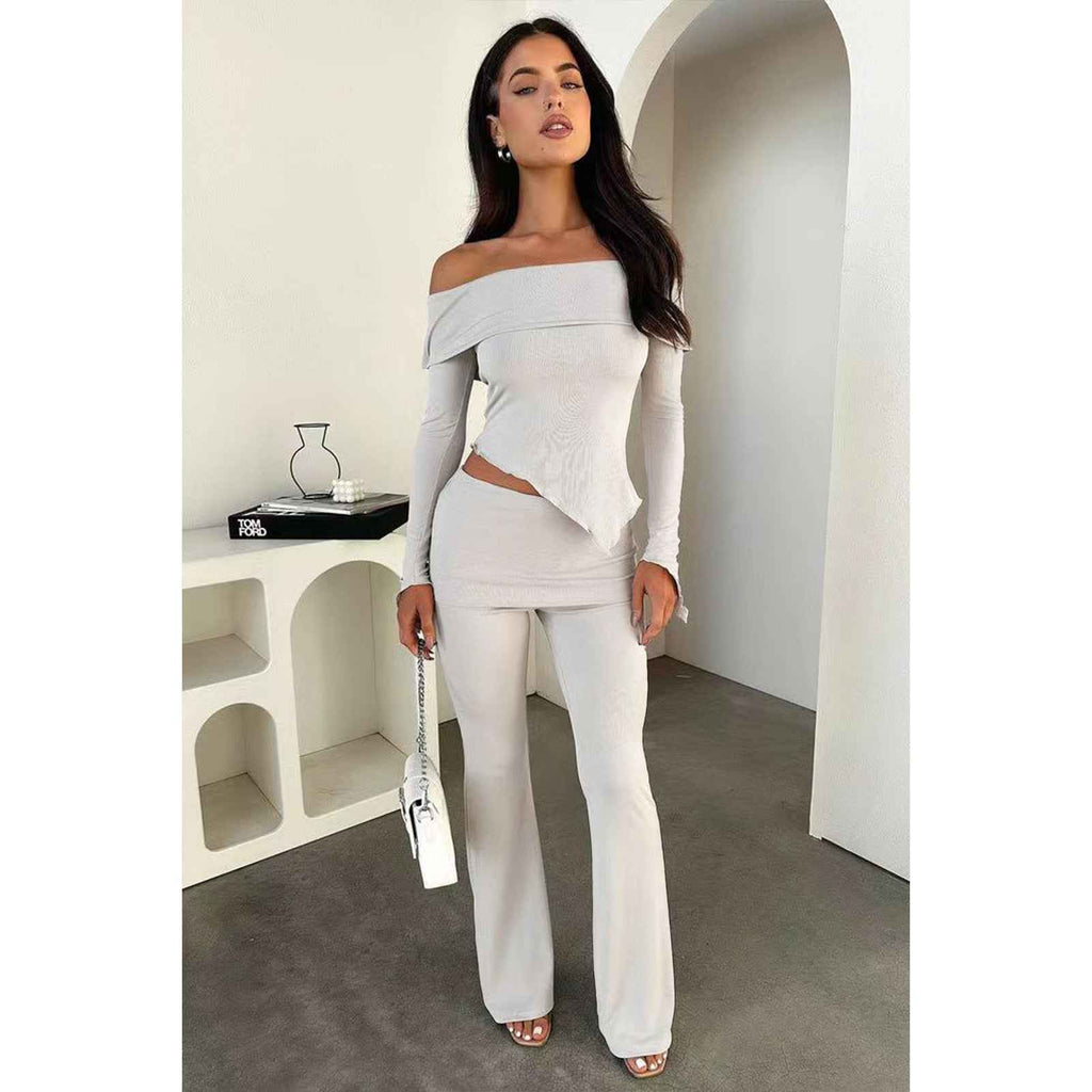 Women Clothing Small Sunken Stripe Irregular Asymmetric off Shoulder Collared Waist Bell Bottom Pants Two Piece Set