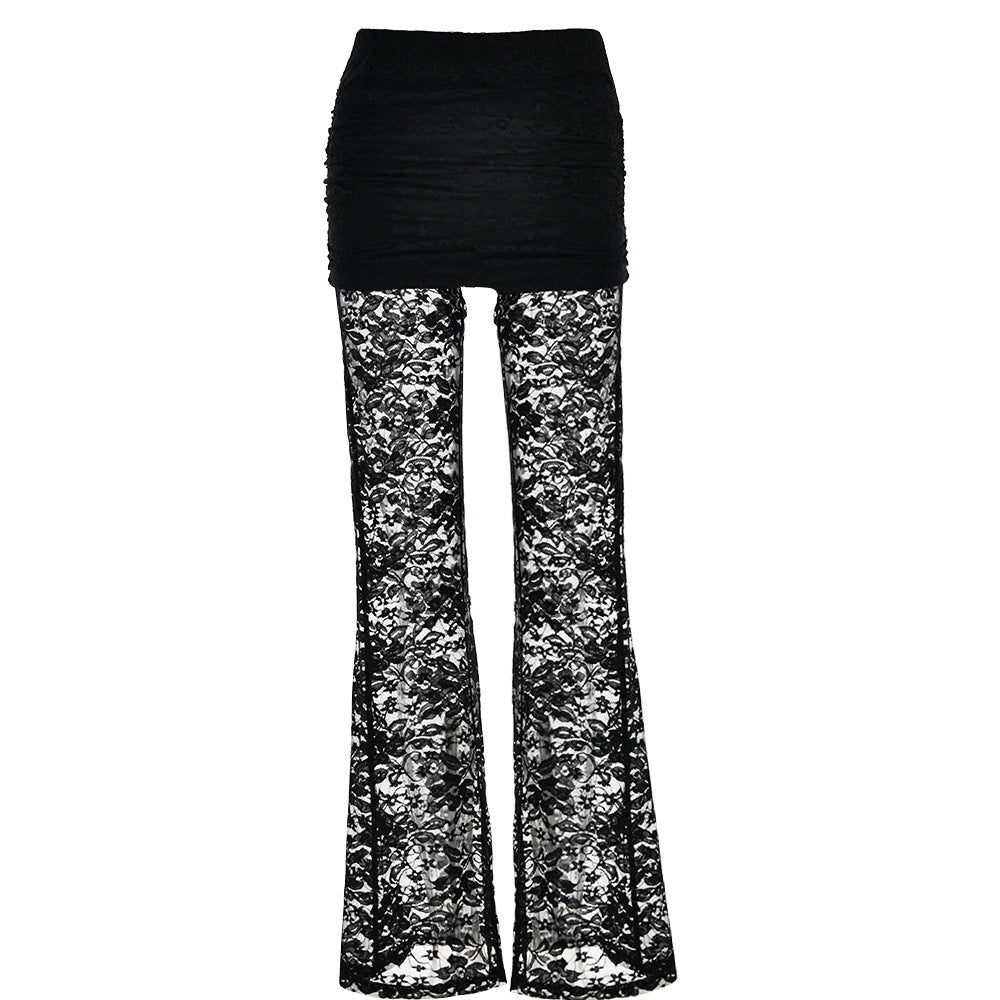 Sexy All Matching Pants Lace Slim Fit Patchwork See through High Waist Flared Pants Women - ALZO