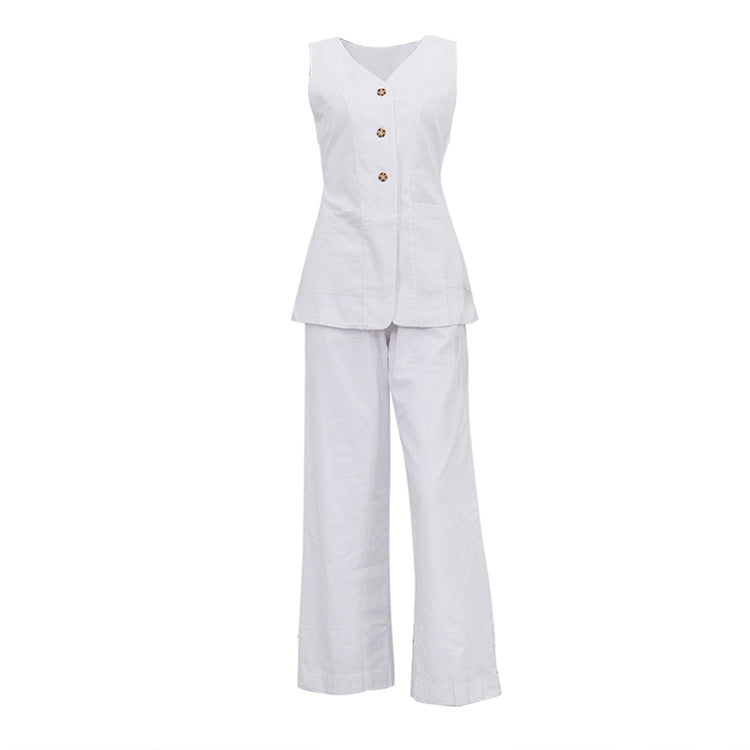 Cotton Waist Slim Vest Jacket Trousers Women Casual Two Piece Sets Women Clothing - ALZO