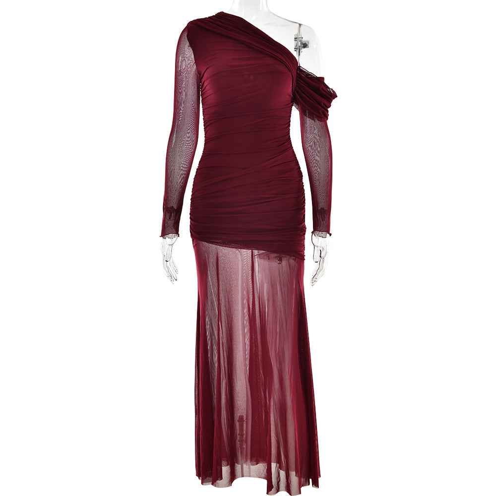 Women Dress Mesh Stitching Pleated Solid Color Long Sleeve Slim Fit Maxi Dress