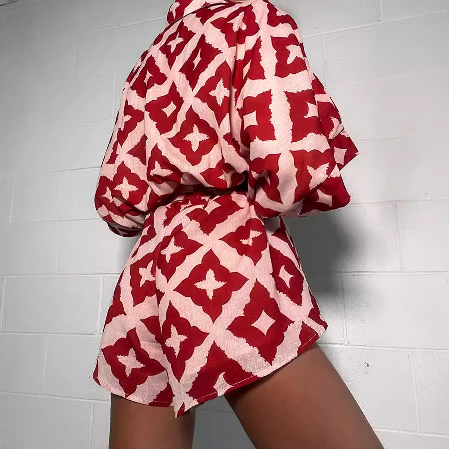 Loose Casual Print Lace Up Jumpsuit Shorts Women - ALZO