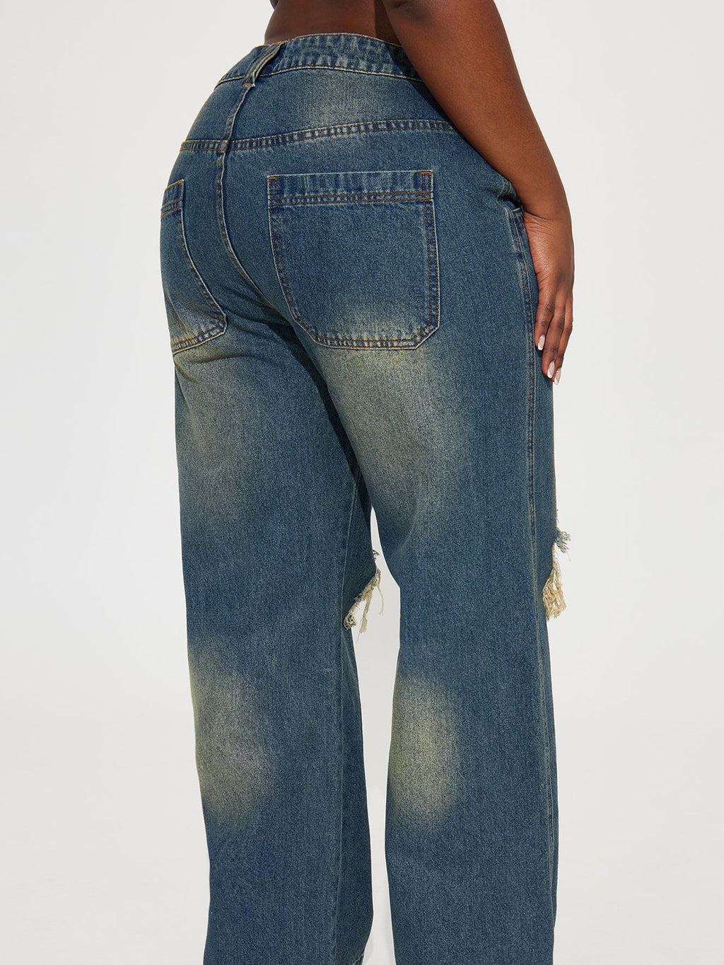 Women Retro Heavy Duty Washed Knee Ripped Wide Leg Denim Trousers - ALZO