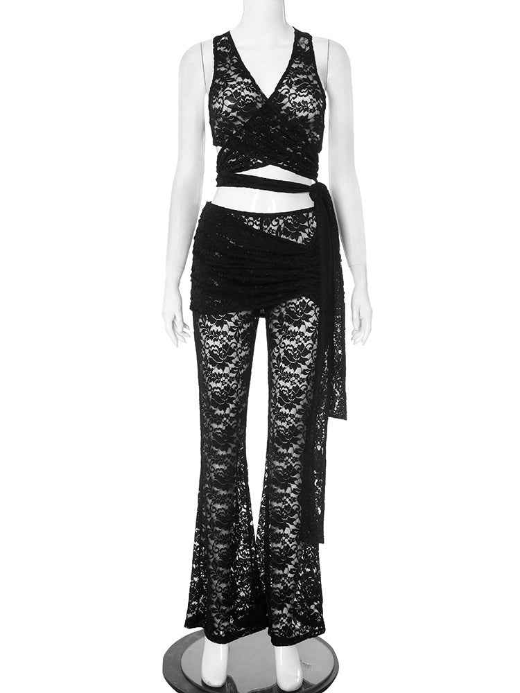 Women Clothing Slim Fit V neck Sling Vest Sheath Flared Pants Lace Two Piece Sets
