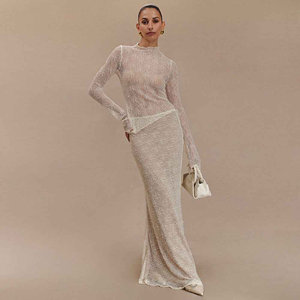 Summer Two Piece Sets Long Sleeve See through T shirt Slim Fit Sexy Skirt
