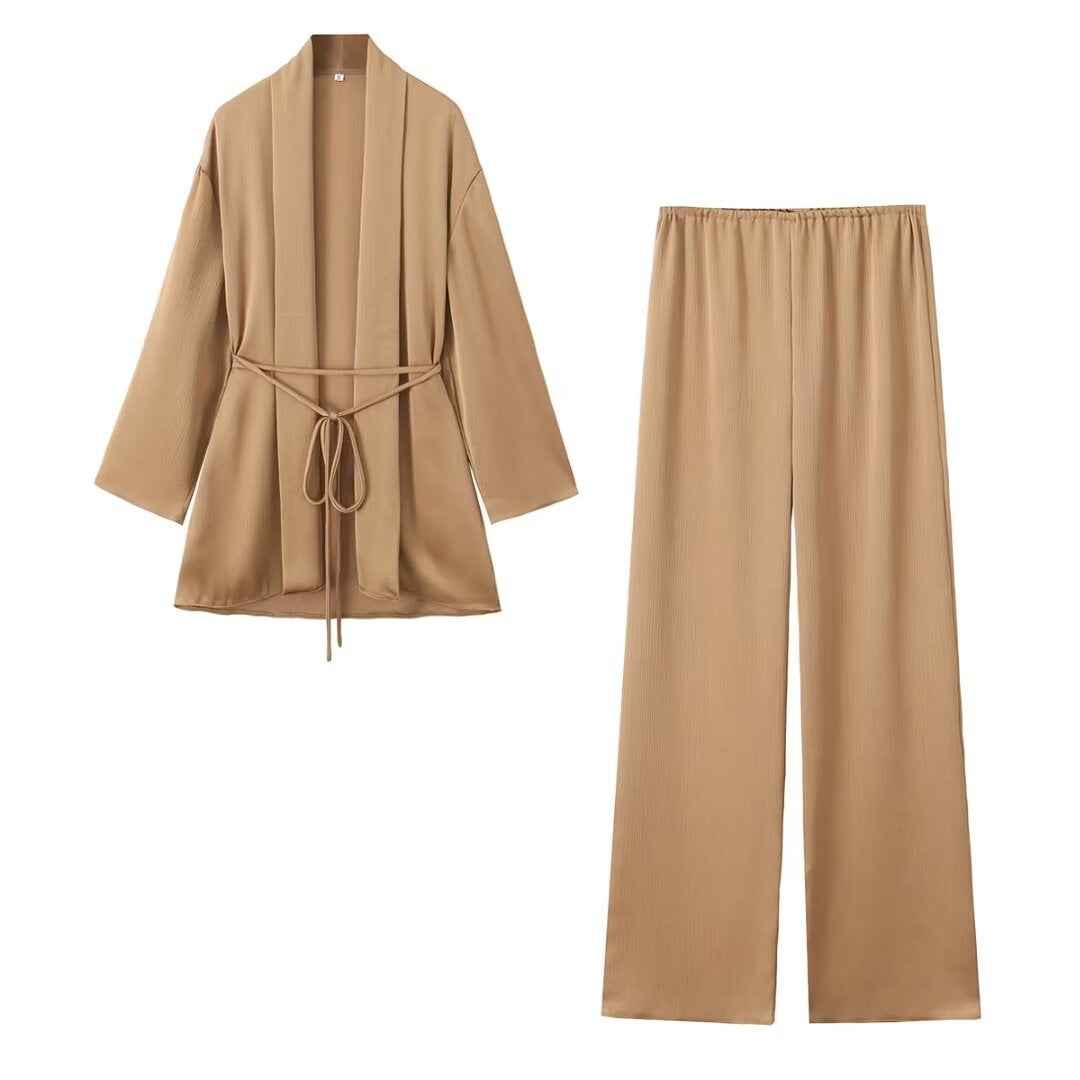 Women Clothing Two Piece Sets Collared Tied Tight Waist Pleated Coat Top Loose Trousers Autumn